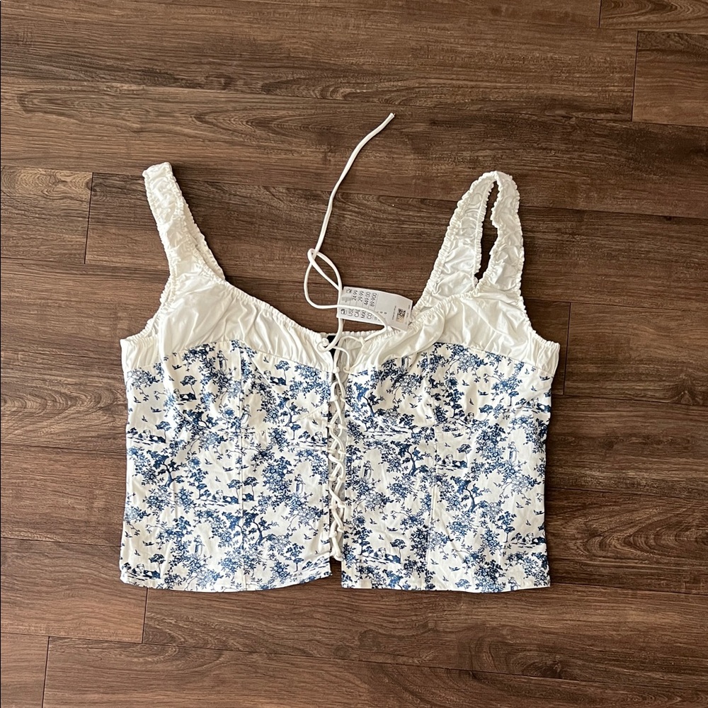 H&M White Crop Top with Blue Floral Lace-Up Front